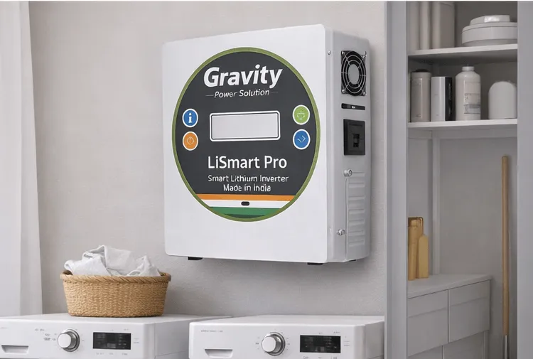Wall mounted Gravity LiSmart Pro smart lithium inverter installed in home utility area