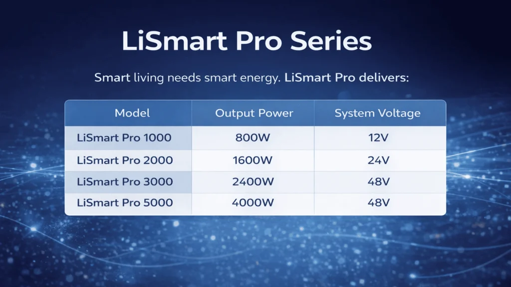 LiSmart Pro series smart lithium inverter model chart showing 1000, 2000, 3000 and 5000 variants
