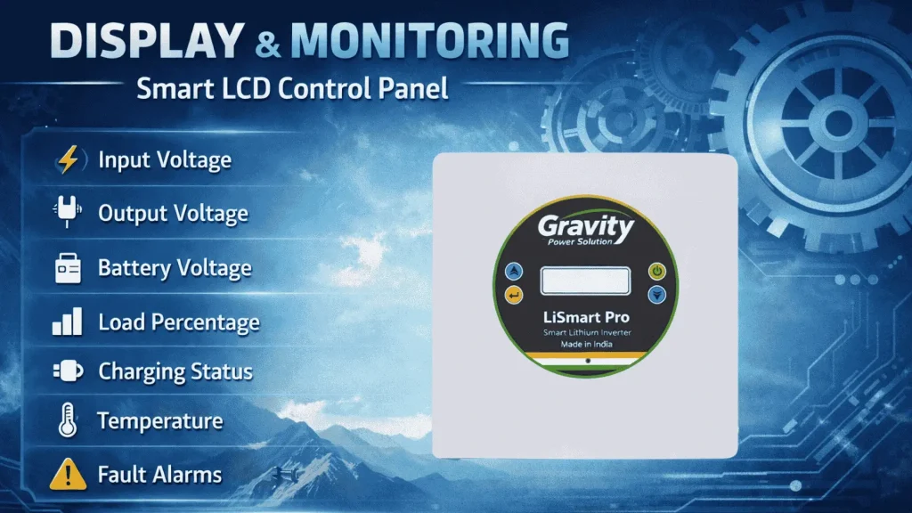 LiSmart Pro smart LCD display showing input voltage, output voltage, battery voltage and load percentage