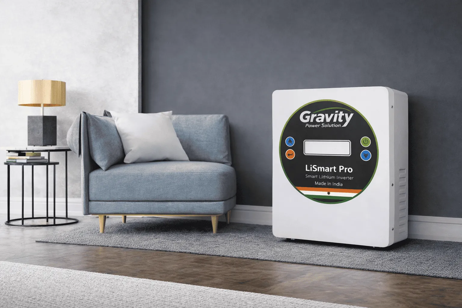 Gravity LiSmart Pro smart lithium inverter installed on floor in modern home interior