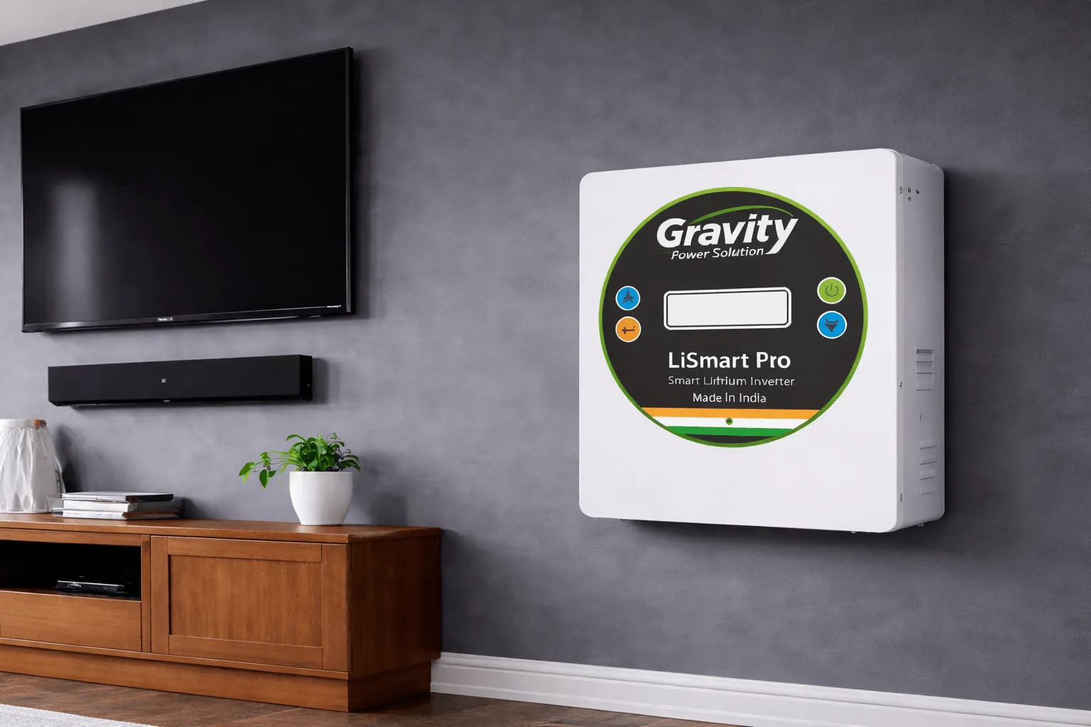 Gravity LiSmart Pro wall mounted smart lithium inverter installed in living room wall