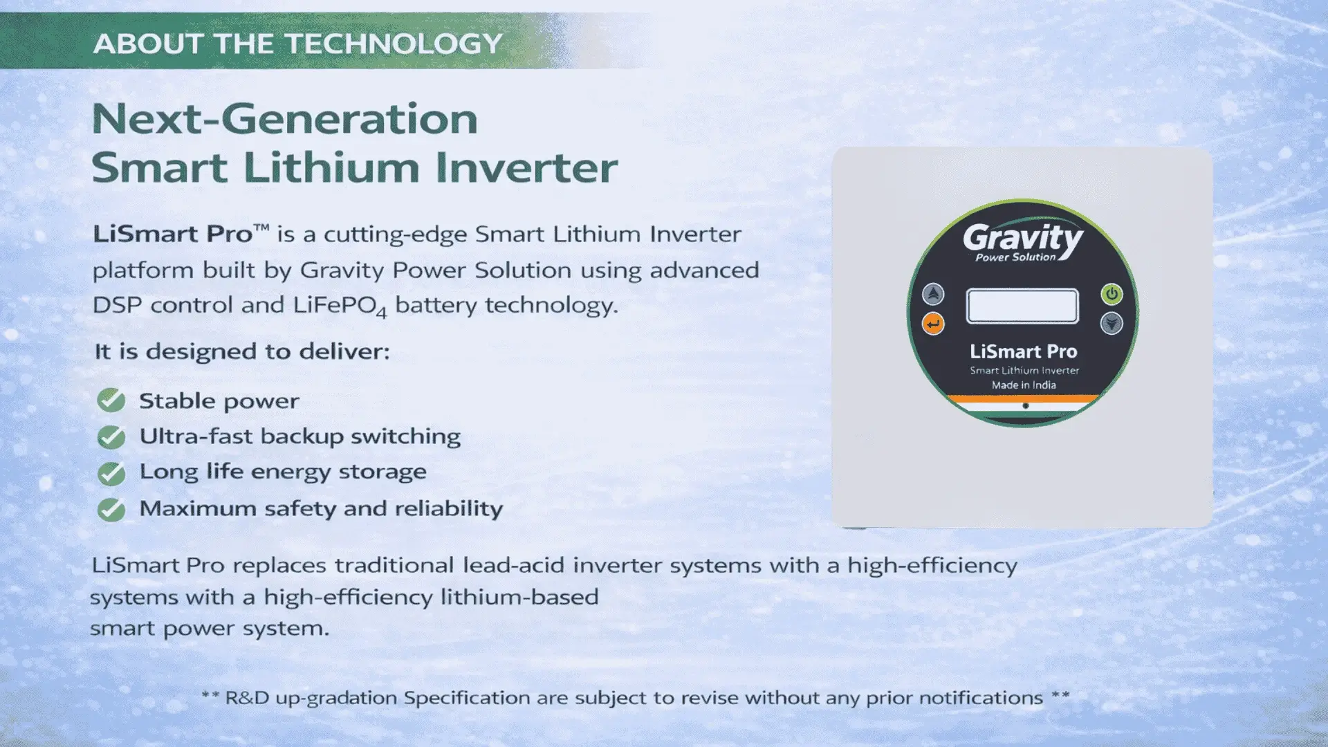 Next generation smart lithium inverter technology by Gravity Power Solution with stable power and long life energy storage