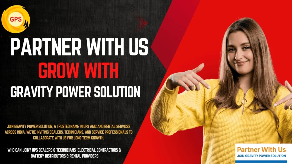 Partner With Us banner by Gravity Power Solution for UPS dealers technicians distributors and rental service partners across India