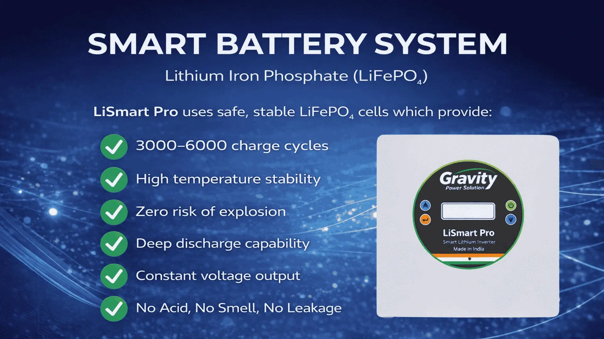 LiSmart Pro smart battery system with LiFePO4 lithium iron phosphate cells for safe long life backup